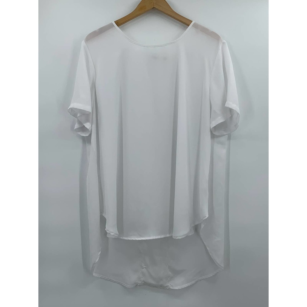 Cato Top 18/20W White Flowy Beachy Embroidered Back Short Sleeve